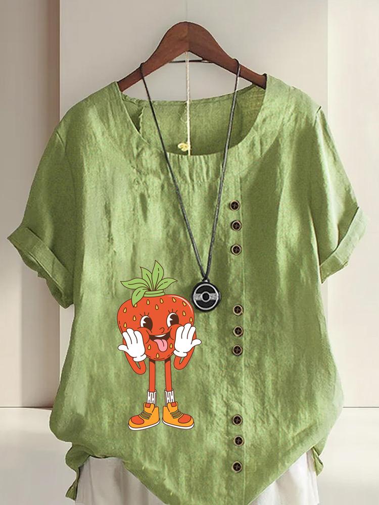 

Women s Fashion Strawberry Humanoid Print Round Neck Short Sleeve T-shirt Casual Cotton Linen Graphic Shirt Leisure Loose Summer Blouse Tops 5XL зелений