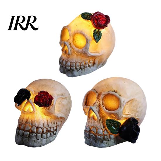 Gruselige Totenkopf-Lampe Gotische Leuchtende Rose Blumenfigurine, Tag der Toten Harz Halloween Dekor Statue, Totenkopf für Schreibtisch Zuhause