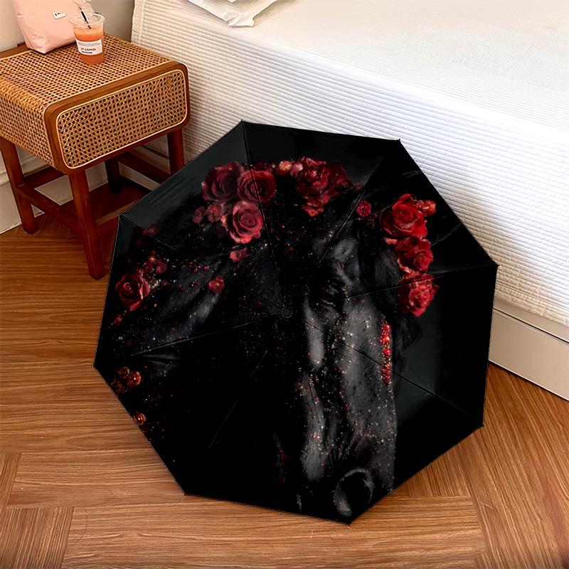 1 PC Automatic Folding Umbrella - Black Horse Pattern, Portable & Foldable Design with 8 Ribs, Christmas Birthday Gifts