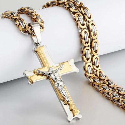 Fiskbensmönster Korshänge Halsband Herr Rostfritt Stål Krucifix Jesus Länk Bysantinsk Kedja Halsband Katolsk Smycke Gåva