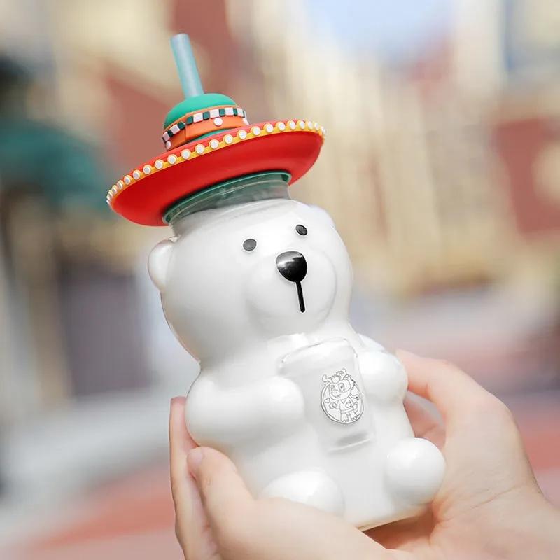 Kids Cute Bear Glass Cup For Starbucks Milk Coffee Mugs Transparent Glasses Juice Straw Water Bottle With Silicone Lid Drinkware