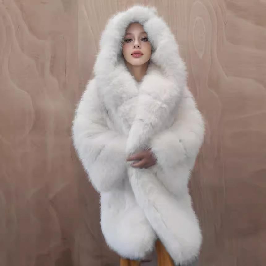 Bunda s kapucí Splicing Dámská střední a dlouhá velká velikost Volná teplá bunda z vlasů Fox Bunda z imitace kožešiny