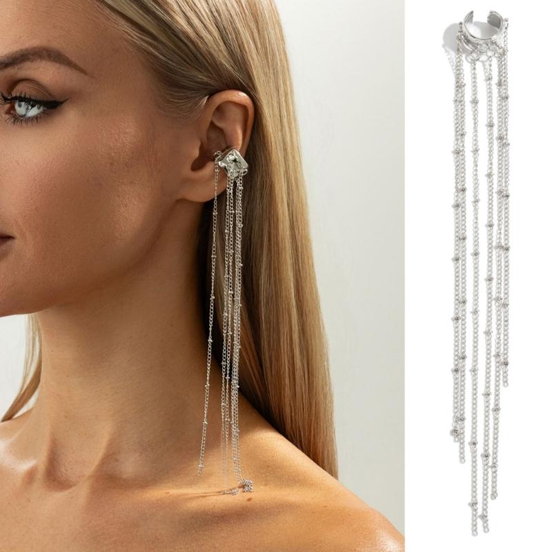 Stylish Clip On Earrings For Women Trendy Imitation Bead And Fringe Hanging Ear Cuffs