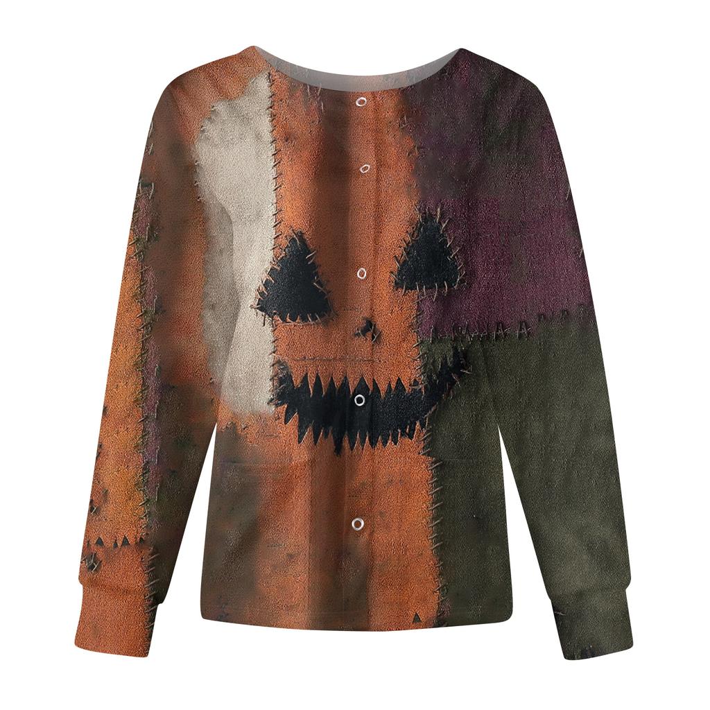 Women's Casual Fashion Long Sleeve Standing Collar Single Breasted Halloween Print Workwear Jacket Tops