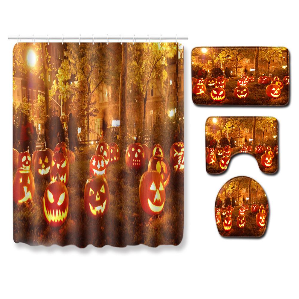 Halloween Series Bathroom Shower Curtain Floor Mat Toilet Cover Foot Mat Four-Piece Pattern Size