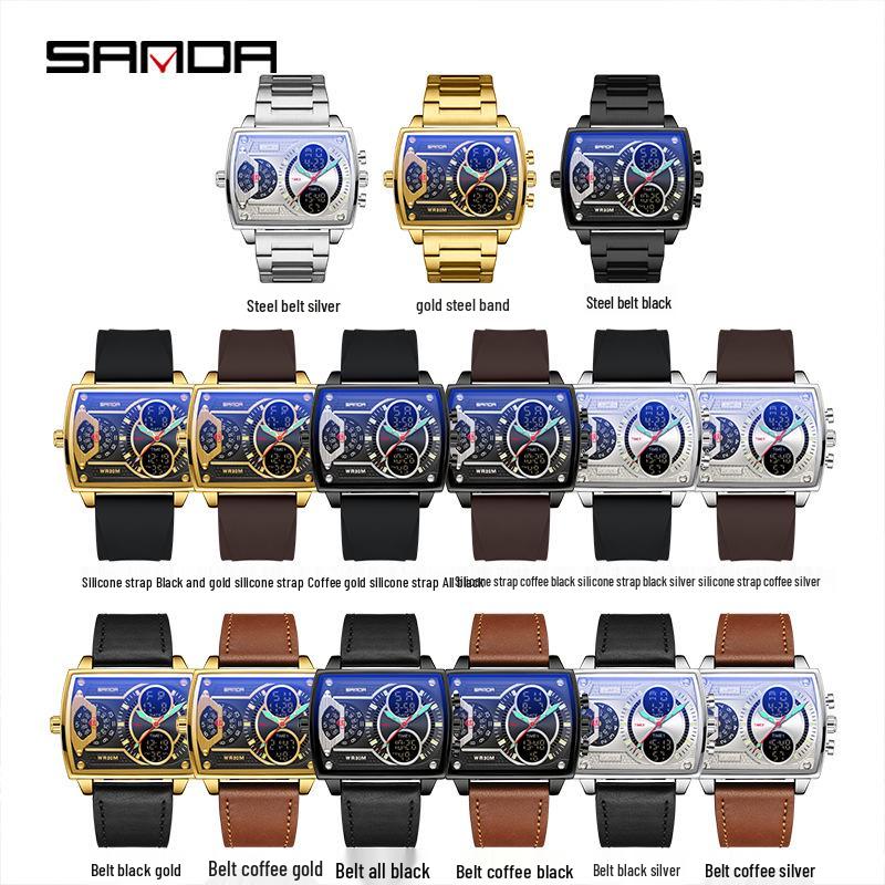Sanda Herren Multi-Zonen Dual-Display Stahlband Uhr mit EL-Hintergrundbeleuchtung