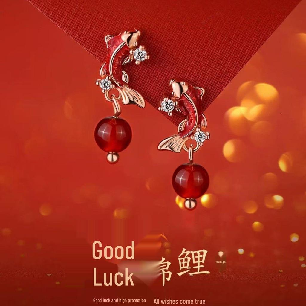 925 Sterling Silver Koi Red Agate Stud Earrings for 2026 Year of the Horse, Women's New Year Holiday Earrings