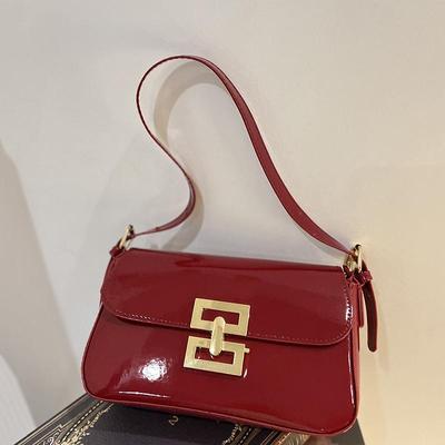 Retro PU Leather Wine Red Shoulder Bag For Women Luxury Solid Color Red Flap Underarm Bag Lady Handbag MIT