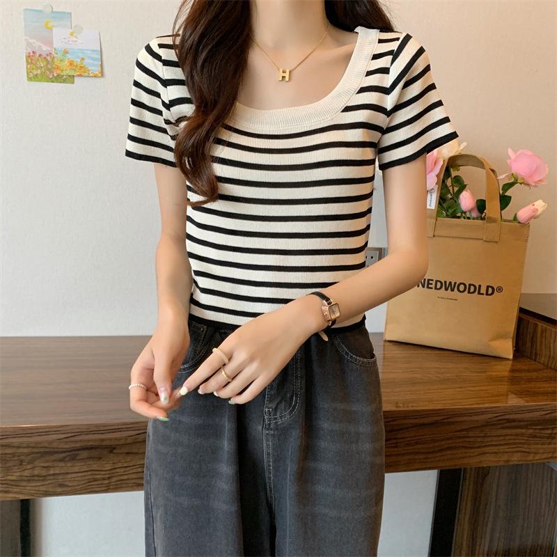 Striped Square Collar Knitted Short Sleeve T-shirt Women's Summer New Women's Card Waist Small Shirt U Collar Top