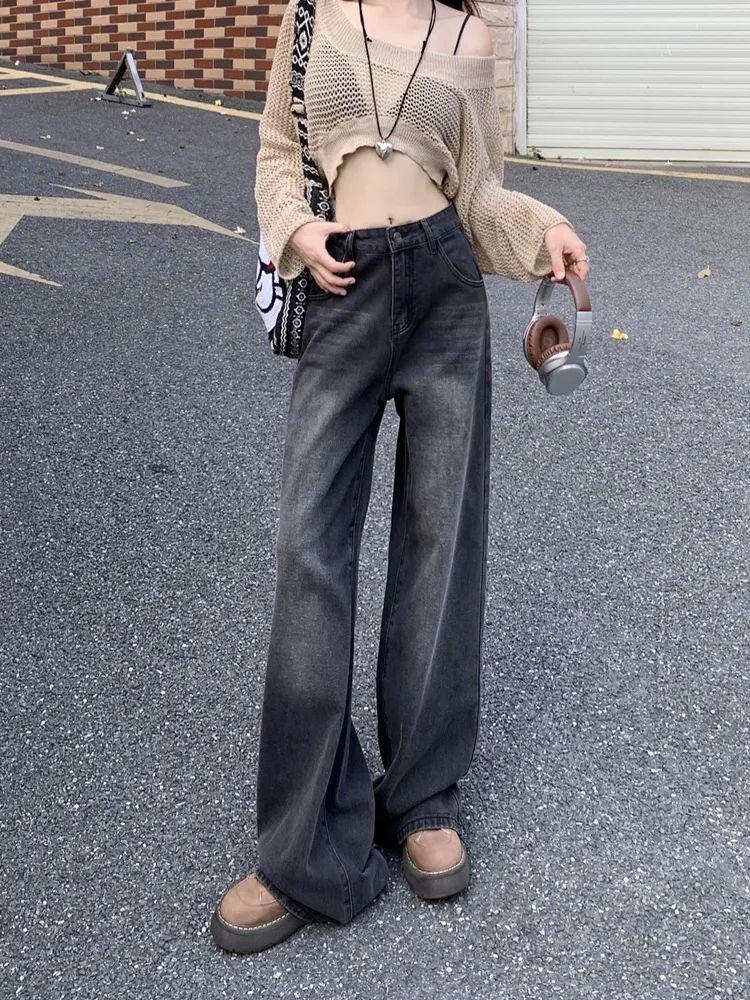 Women's High Waist Wide Leg Jeans - Black & Grey, Spring/Autumn, Plus Size, Floor Length, Straight Leg, Slimming.