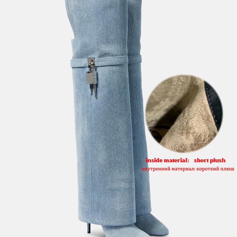 

Krazing Pot Denim Round Toe Stiletto High Heels Thigh High Boots Size 46 Size 45 Slip on Plus Size Women Keep Warm Over-the-knee Boots 39