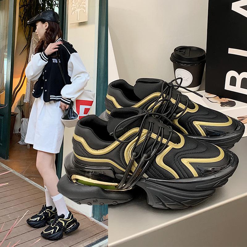 Fashion Flat Platform Daddy Shoes Women Patchwork Air Cushion Elastic Shoes Thick Sole Shock-Absorbing Spaceship Sneakers Unisex 2025