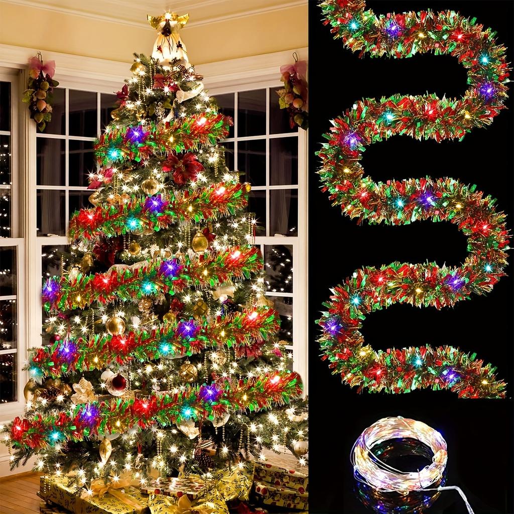 Christmas Tinsel Garland Thick Hanging Decorations for Xmas Party Indoor Outdoor (Without Battery)  for Festive Decorations