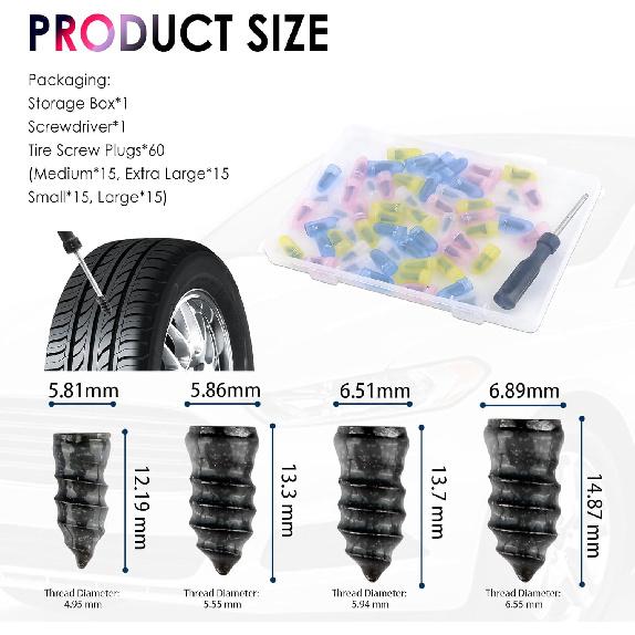 Salior 60PCS Tire Repair Rubber Nail Kit,2026 New Tire Repair Kit with 4 Sizes for Tubeless Tires Puncture,Screw in Tires Repairs Plugs as Emergency