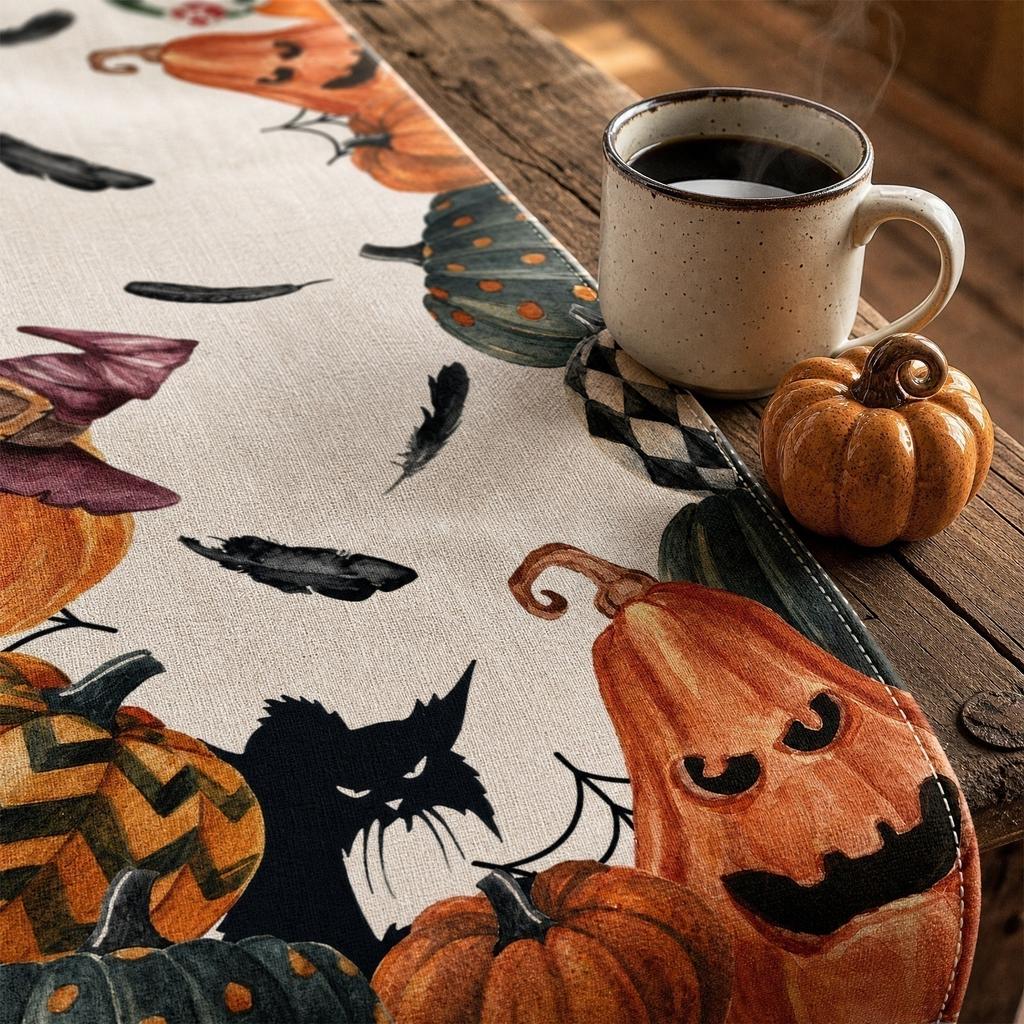 Linen Table Runner with Pumpkin and Cat Print for Fireplace TV Stand Dining Table Coffee Table 183x33cm Halloween Theme