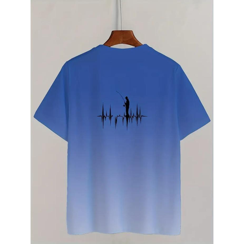 Fishing Print T-shirt, Men's Casual Street Style Stretch Round Neck Tee Shirt for Summer, Fishing Gear
