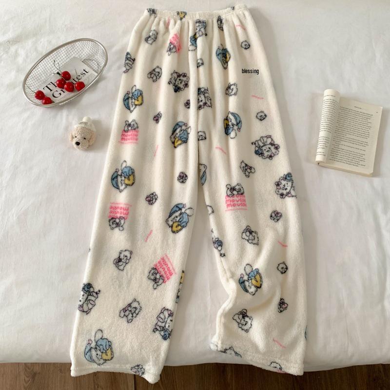 Hello Kitty Coral Fleece-Lined Flannel Pajama Pants for Women - Warm Autumn/Winter Style