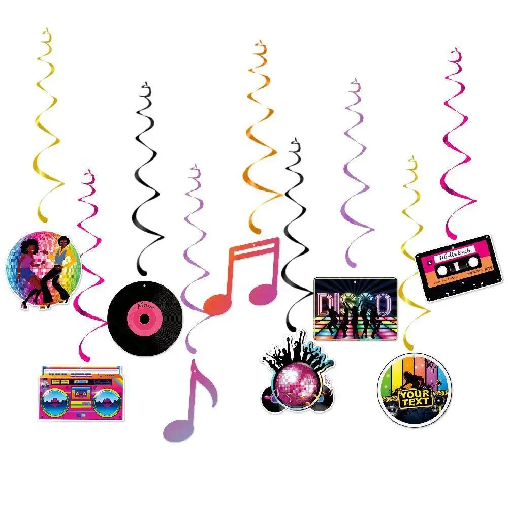 

18 шт. подвесные завитки для вечеринки в стиле диско 70-х, 80-х, 90-х годов, музыкальные ноты, спиральные танцы, вечеринка по случаю дня рождения, спиральное украшение для потолка