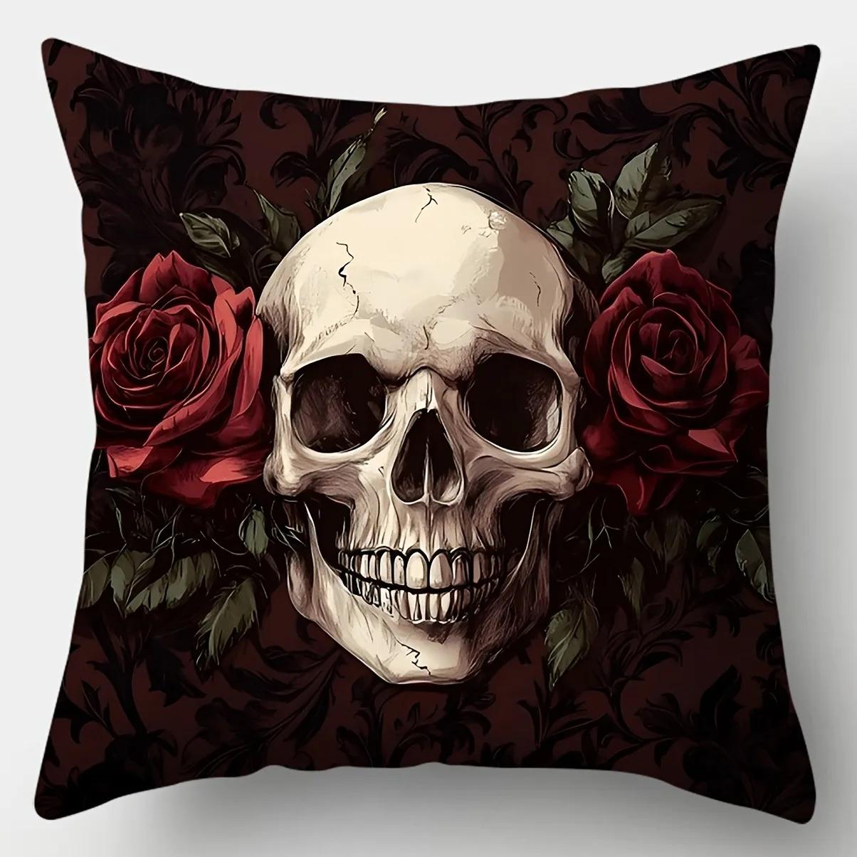 VIKAMA Taies d'oreiller Tête de mort & Rose Style Edgy, Housse de coussin pour canapé de salon, Doux et confortable, Décoration de chambre à coucher 45x45cm