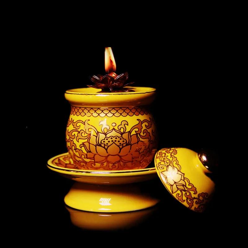 

Traditional Buddha Lotus Oil Lamp Buddha Hall Ceramic Butter Lamp Home Feng Shui Offering Ornaments Buddhist Decoration Supplies 6x10cm