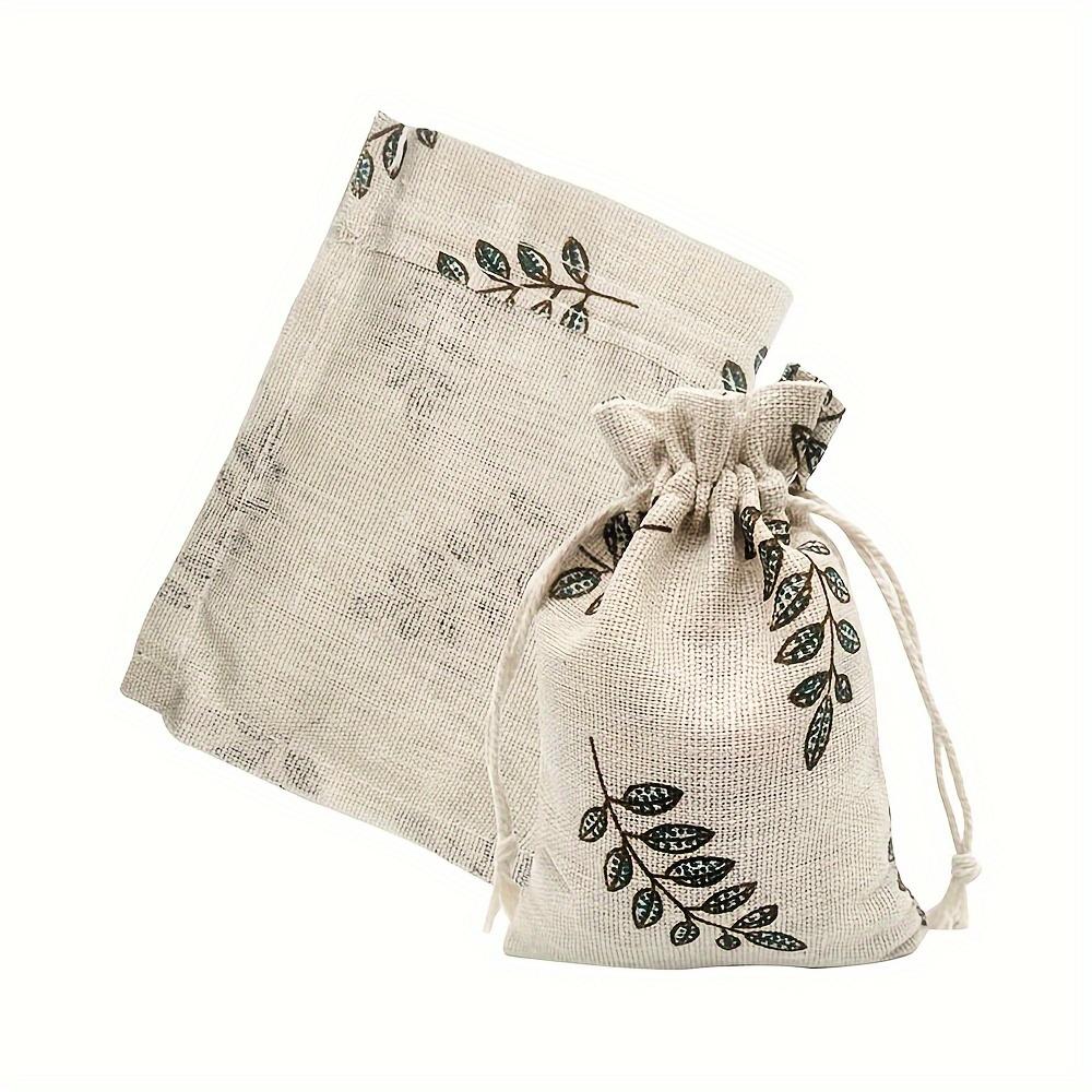 1pcs Leaf Printed Linen Bag Drawstring Gift Bag, Jewelry Packaging Bag Wedding Party Gift Bunch Bag, Birthday Party Gift Bag