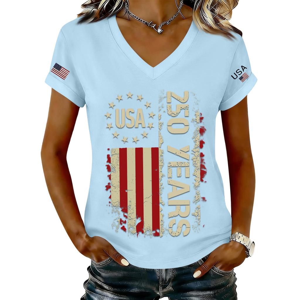 Women's Fashionable V-Neck Casual Retro Print Short Sleeved T-shirt Top