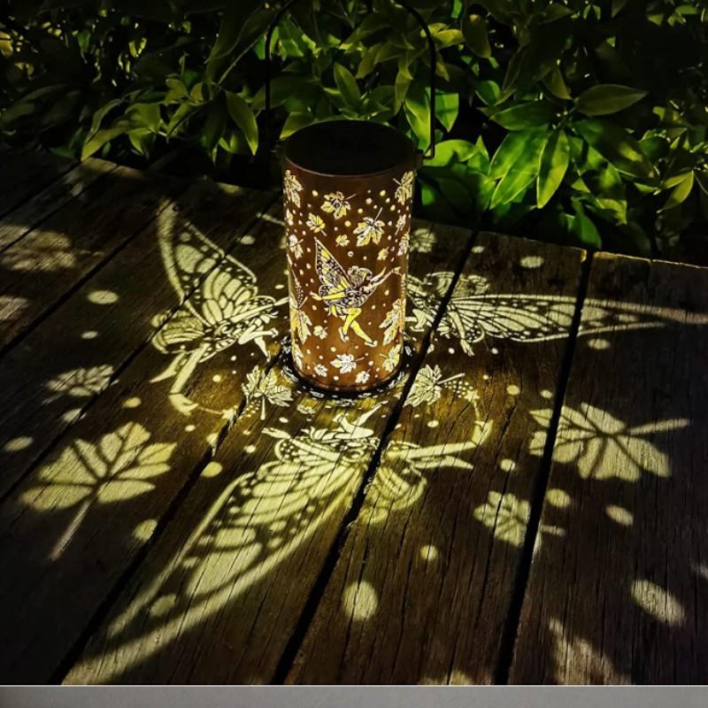 Solar Iron Hollow Lantern Outdoor Waterproof 3d Dynamic Projection Butterfly Projection Courtyard Iron Hanging Light Lawn Landscape Light