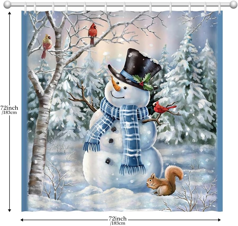 Winter Snowman And Cardinals Shower Curtain Christmas Wonderland Trees Holiday Bathroom Curtain For Decor Waterproof Fabric Sets