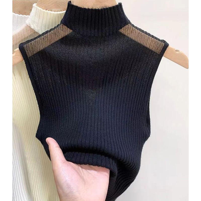 Dámské jednobarevné úzké pletené tílko bez rukávů Šik polovyvýšený síťovaný malý top Sexy dutý tílko