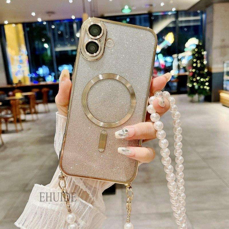 Case For Samsung Galaxy A16 A36 A06 A55 A35 A15 A25 A05 A05S Magsafe Magnetic Pearl Crossbody Cord Lanyard Strap Glitter Cover