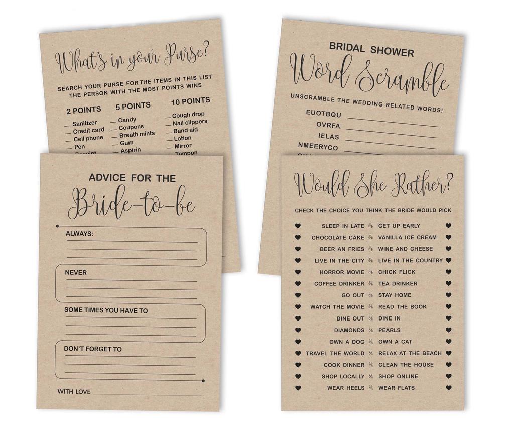 Inkdotpot Bachelorette Party Games Set Bundle Of 4(50 Sheets Each) W Miss To Mrs Gold Banner Kraft Rustic Fun Bridal Shower Games