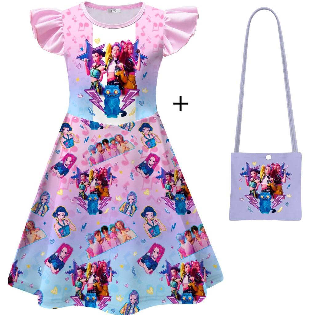 

Детское платье для девочек в стиле аниме, мультяшное, K-pop, «Охотники на демонов», с принтом, рукавами-рюшами, круглым вырезом, повседневное, костюмы для косплея на Хэллоуин 110cm розовый