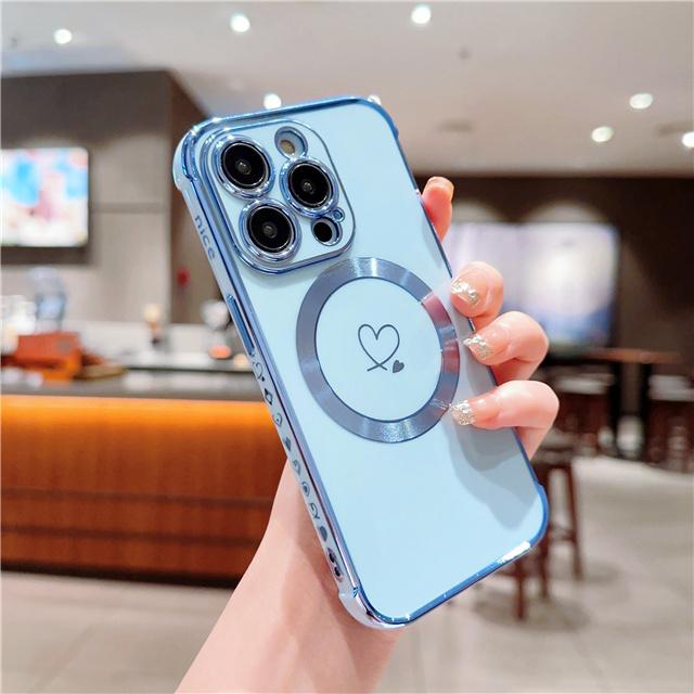 For iPhone Luxury Heart-shaped Magsafe Magnetic Plating Pattern Frame Phone Case For iPhone 11 12 13 14 15 16 Plus Pro Max Cover
