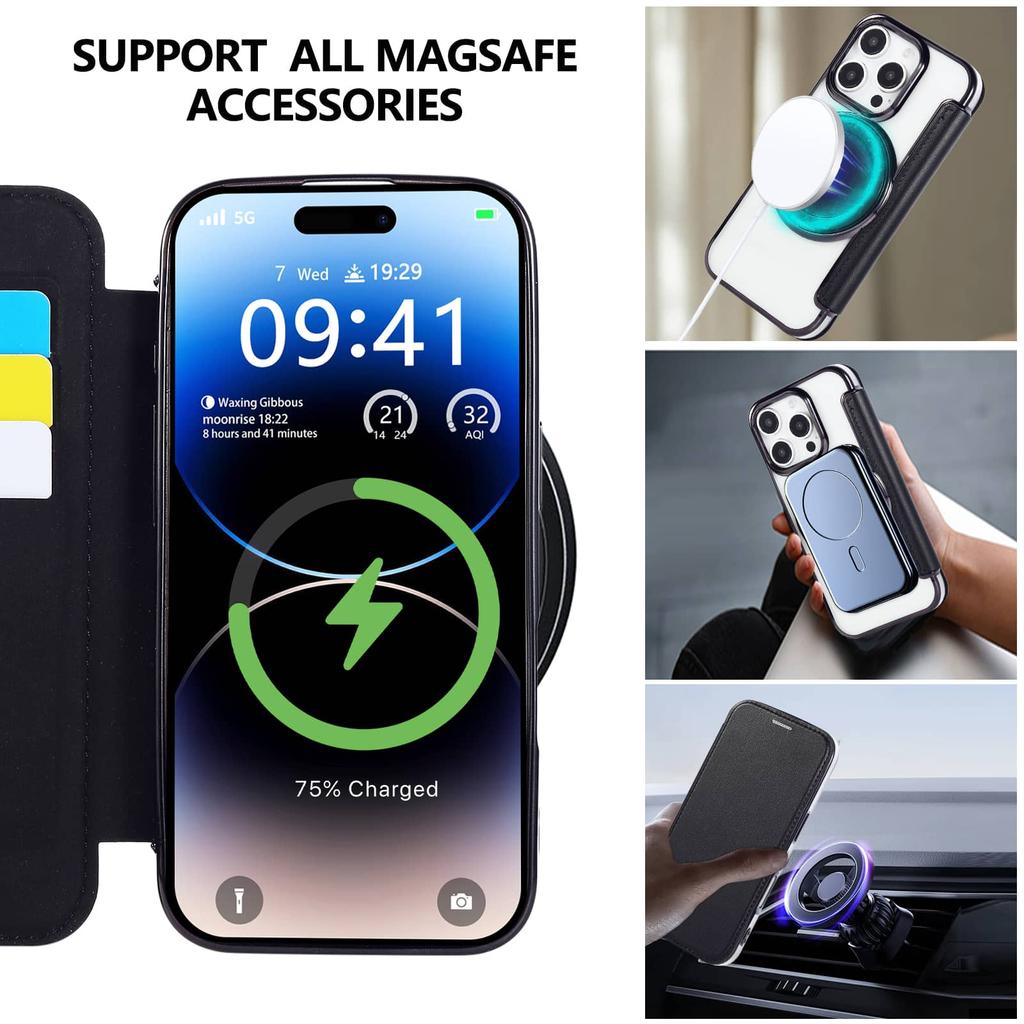For iPhone 16e 16 15 14 13 12 Pro Max 16 Plus Ring Stand Case Compatible with Magnetic Slim Fit Flip Wallet Case with Card Slot