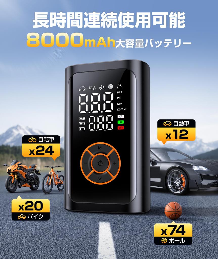 Electric Bicycle Pump, 150 PSI, Fast Fill, Auto Shut-Off, High-Capacity Battery, Compatible with French, British, and American Valves, 5 Modes, LED Li