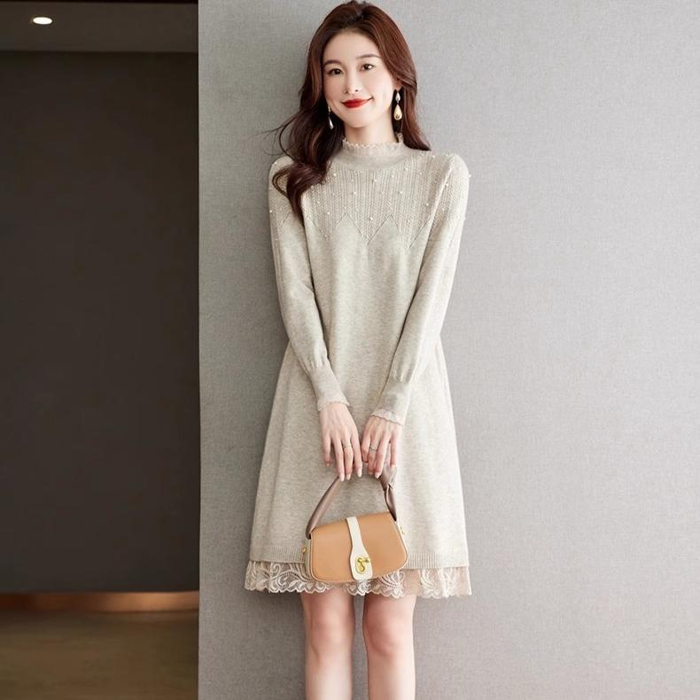 Lace Half Turtleneck Sweater Solid Color Loose Pullover for Women Casual Long-sleeved Knitted Dress for Autumn and Winter