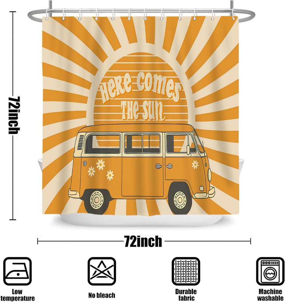 Here Comes The Sun Douchegordijn 72x72 Inch Boho Vintage Bloemen Bus Retro Hippie Oranje Zon Zonneschijn Omkeerbaar voor Thuis
