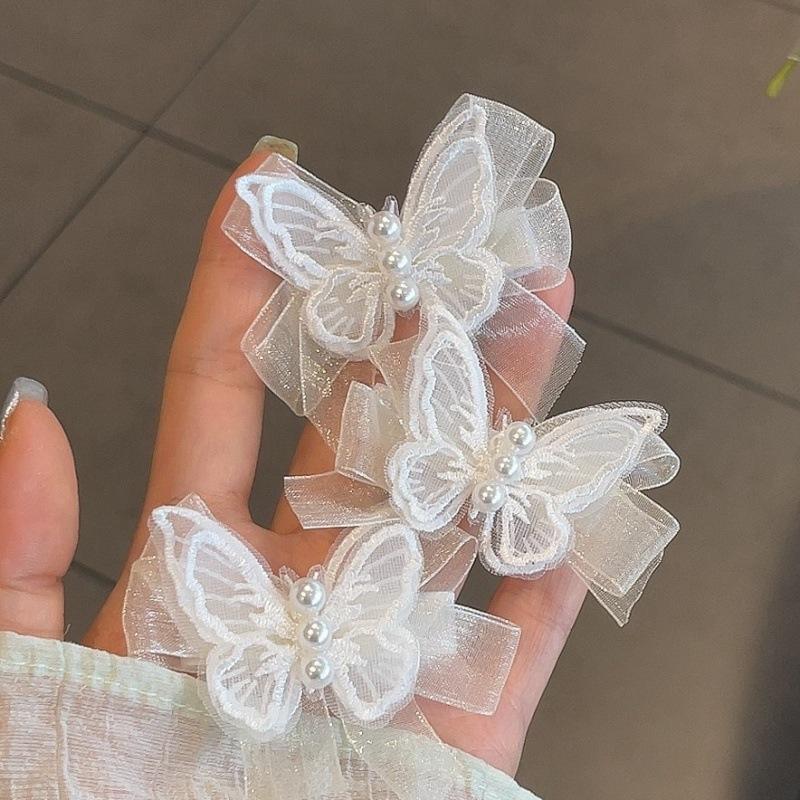 Super Fairy Mesh Butterfly Pearl Hairpin Fairy Mori Fairy Beauty Bow Small White Hairpin Side Braided Hair Headgear
