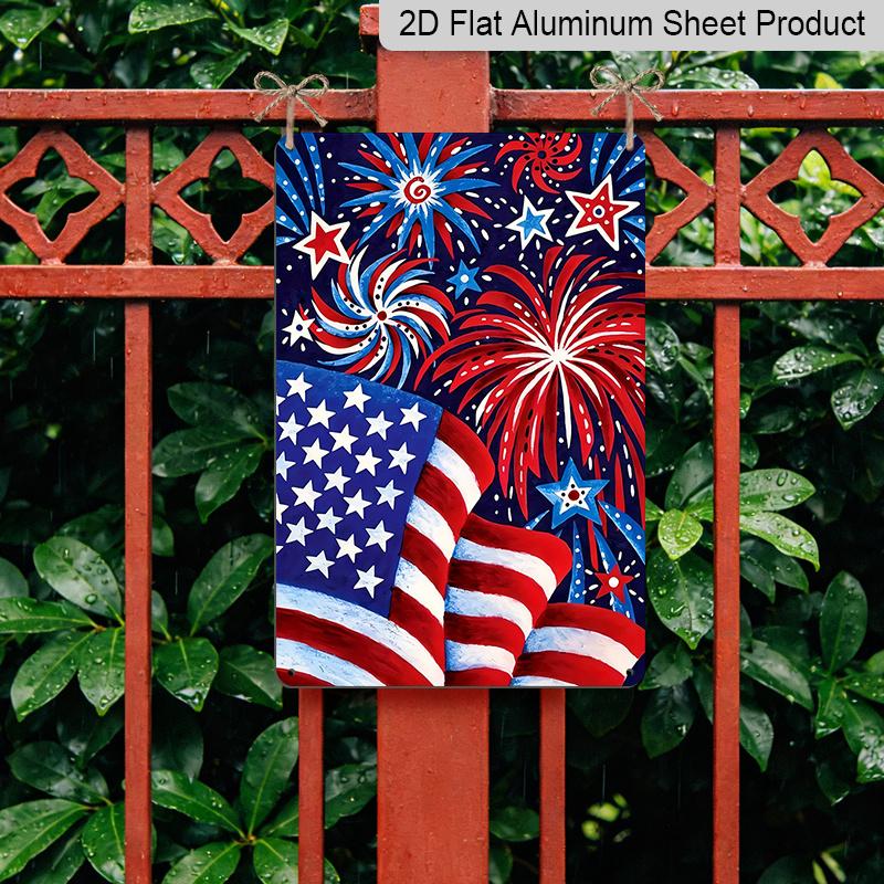 2D Flat 1pc 4th of July Fireworks Metal Sign 7.87x11.81inch - Aluminum Patriotic Independence Day Decor for Home, Yard, Patio - Durable USA Themed