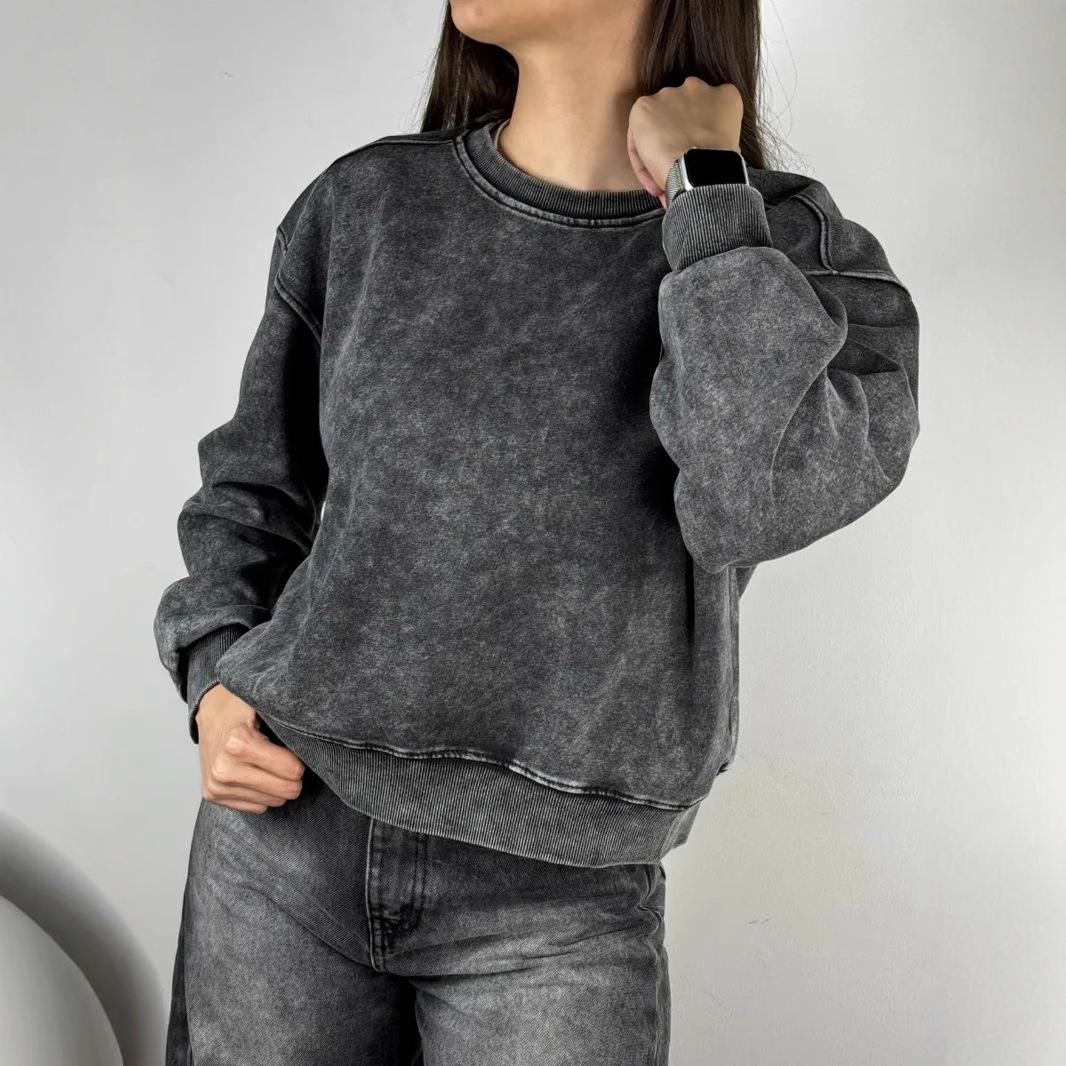 

American retro old washed black crew neck sweater 2025 new solid color blank loose niche tide S