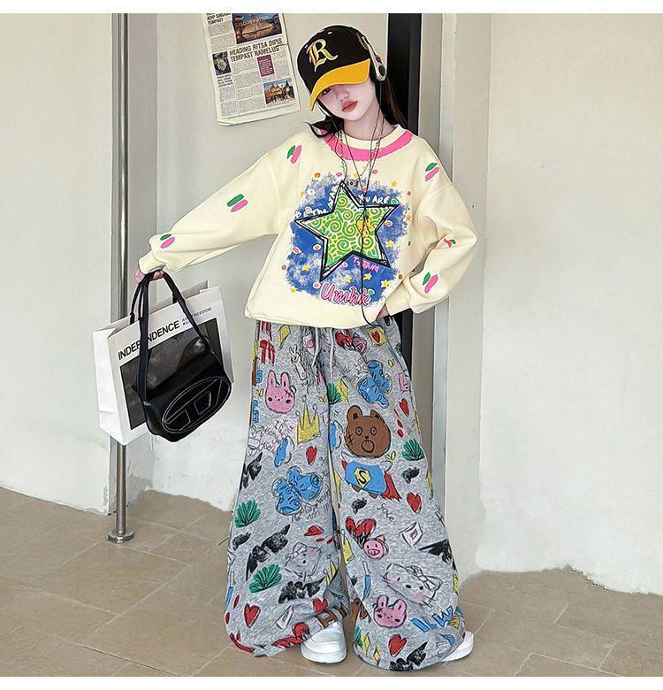 Girls' Trendy Korean Style Hoodie & Wide-Leg Pants Set with Cartoon Design - Casual Spring/Autumn Two-Piece Sportswear