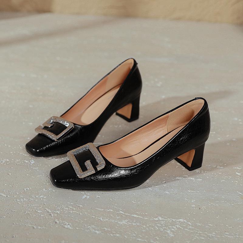 Medium heel shallow mouth single shoes women's new large size women's shoes burgundy square head high heels thick heel