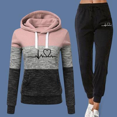 2 stuks/set Herfst Winter Hoodie Broek Set Bedrukt Colorblock Trekkoord Opgestikte Zak Top Trekkoord Elastische Taille Broek met Enkels Lady Trainingspak