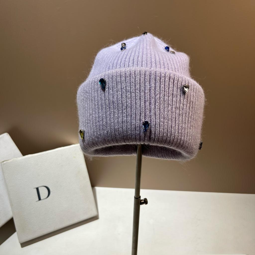 Paris Colored Diamond Light Luxury Winter Rabbit Fur Knitted Hat Personalized Youth Colorful Sweet Cool Design Wool Hat