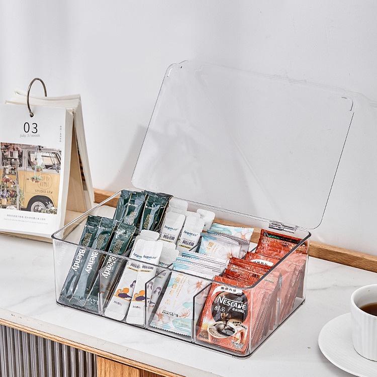 Organizator transparent pentru pliculețe de ceai și cafea cu capac și compartiment pentru carduri