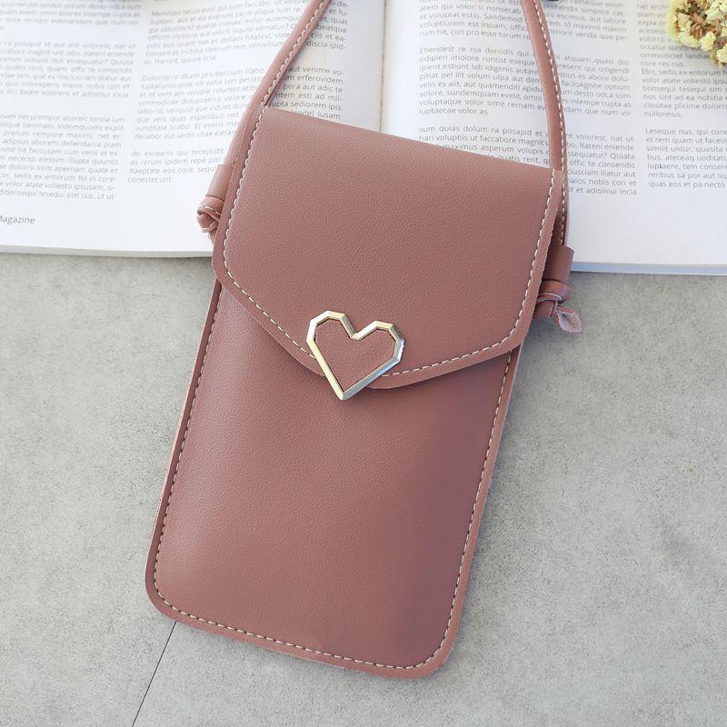 Stylish Women Simple Pu Leather Heart-shaped Decor Transparent Touch-screen Mobile Phone Bag
