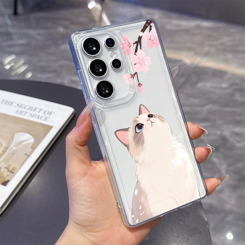 Cute Cat and Cherry Blossoms Phone Case for Samsung Galaxy S26 S25 S24 S23 S22 S21 S20 FE Plus Lucency TPU Protection Cover