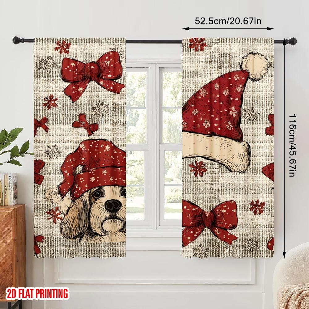 2pcs,2D Plane Printing Curtain Fabric Santa Hat & Scarf Versatile Polyester (without Rod) Decorations Outdoor for Various Room