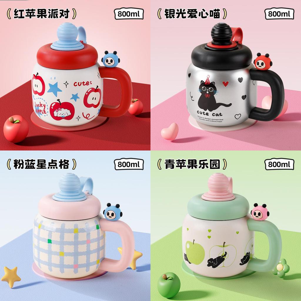 Cartoon-Muster Dickbauch-Tasse mit Deckel 800 ml Isoliert Edelstahl für Zuhause Büro Reisen