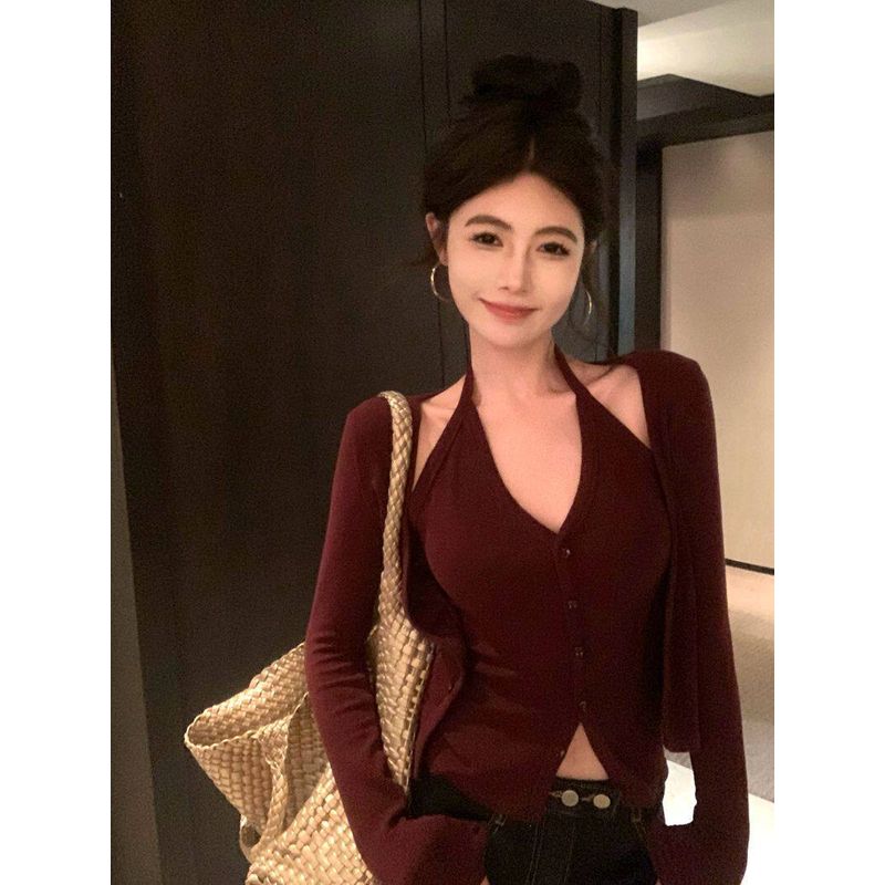 

Real Shot of 2025 Autumn and Winter New Style Sexy Hot Girl Style Halter Neck Cardigan Slimming Fake Two-Piece Inner Layering Top Angora Red One size